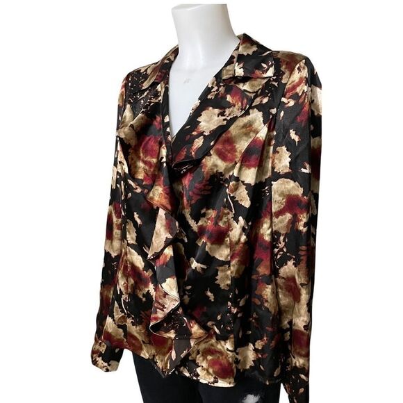 JONES NEW YORK STRETCH FLORAL RUFFLED LONGSLEEVE SATIN TOP W/ COLLAR‎ sz 10 - Picture 4 of 9
